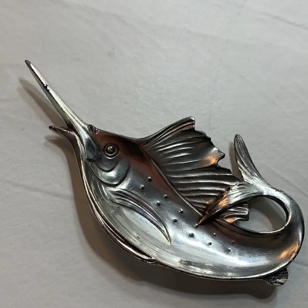WB Manufacturing Co 133 Swordfish Trinket Holder Vintage Silver Plated Metal